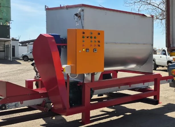 RND Automation 2600-litre ribbon blender with orange control panel, mixing vessel and red support frame